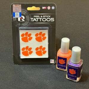 Clemson Tigers Fan Bundle: Peel & Stick Temporary Tattoos & 2pk Nail Polish Set